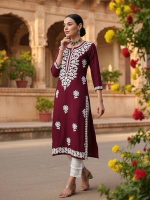 women burgundy rayon blend solid embroidered straight kurta 2