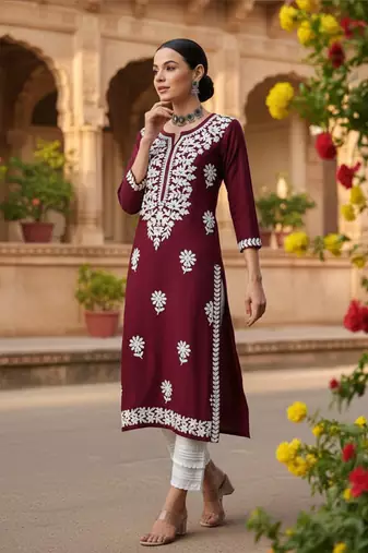 women burgundy rayon blend solid embroidered straight kurta
