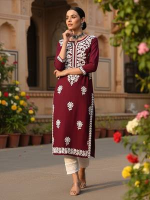women burgundy rayon blend solid embroidered straight kurta 3