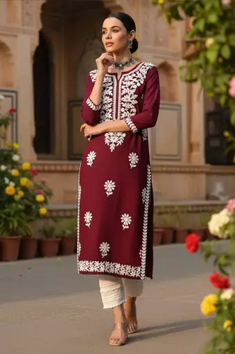 women burgundy rayon blend solid embroidered straight kurta