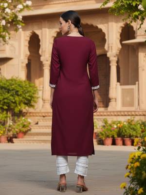 women burgundy rayon blend solid embroidered straight kurta 4