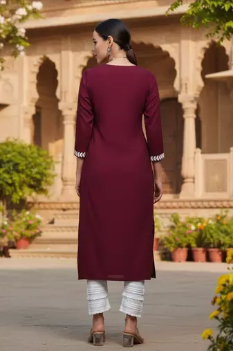 women burgundy rayon blend solid embroidered straight kurta