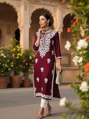women burgundy rayon blend solid embroidered straight kurta 5