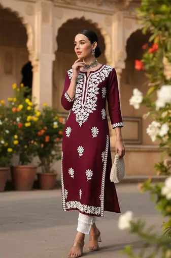 women burgundy rayon blend solid embroidered straight kurta
