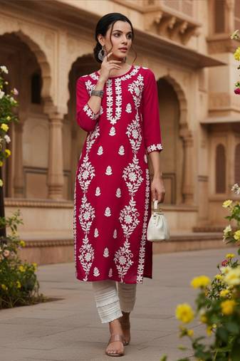 women red rayon blend solid embroidered chikankari straight Only kurta