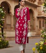 women red rayon blend solid embroidered chikankari straight Only kurta