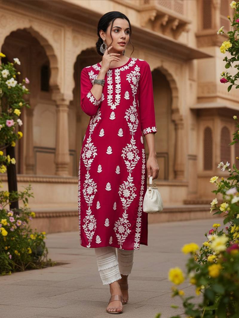 women red rayon blend solid embroidered chikankari straight Only kurta
