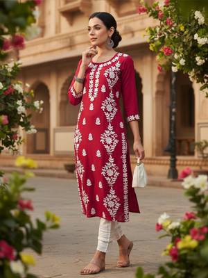 women red rayon blend solid embroidered chikankari straight Only kurta 2