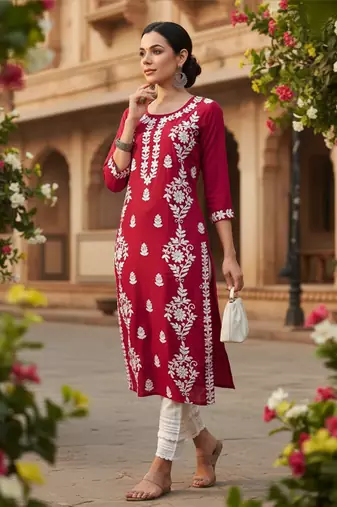 women red rayon blend solid embroidered chikankari straight Only kurta