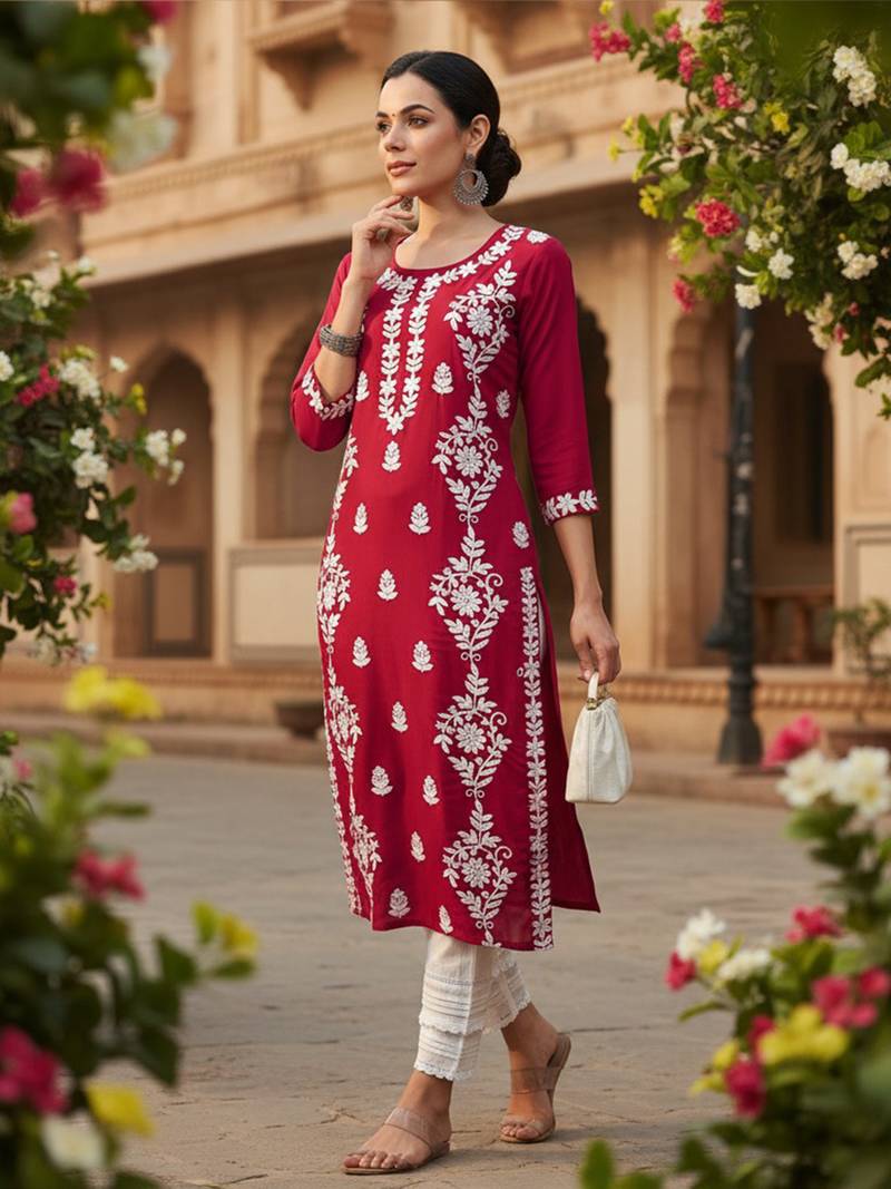 women red rayon blend solid embroidered chikankari straight Only kurta