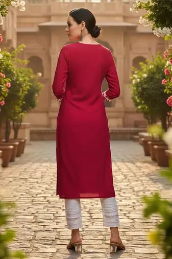 women red rayon blend solid embroidered chikankari straight Only kurta