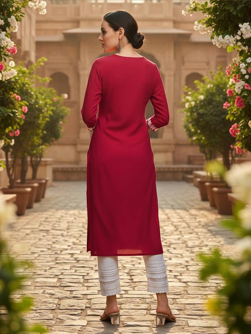 women red rayon blend solid embroidered chikankari straight Only kurta