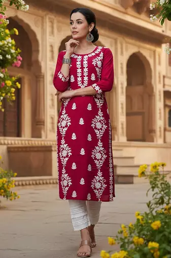 women red rayon blend solid embroidered chikankari straight Only kurta