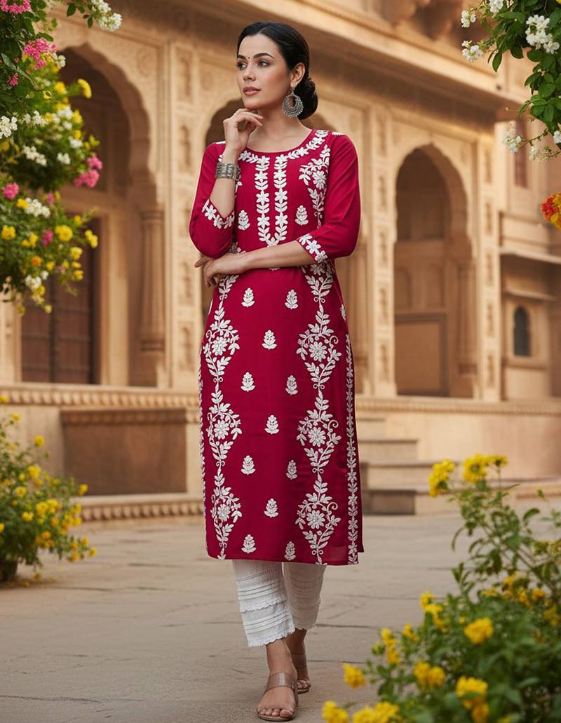 women red rayon blend solid embroidered chikankari straight Only kurta