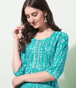 Turquoise White Floral Print Thread Work Cotton Kurta
