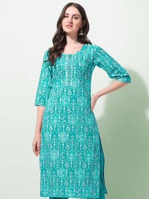 Turquoise White Floral Print Thread Work Cotton Kurta 2