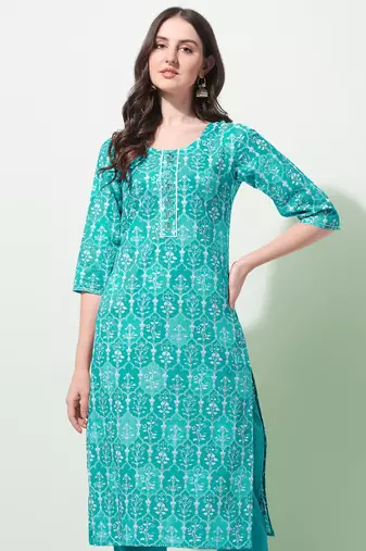 Turquoise White Floral Print Thread Work Cotton Kurta