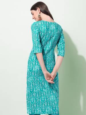 Turquoise White Floral Print Thread Work Cotton Kurta 4