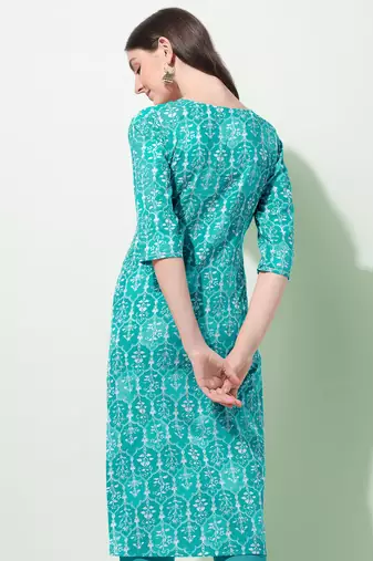Turquoise White Floral Print Thread Work Cotton Kurta