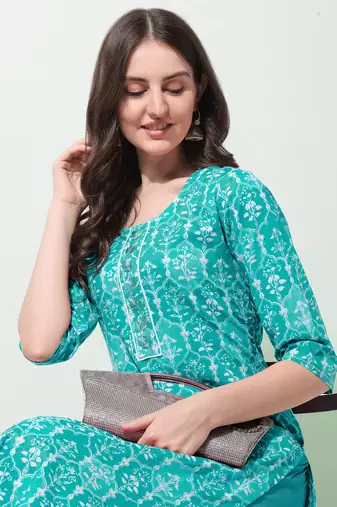 Turquoise White Floral Print Thread Work Cotton Kurta