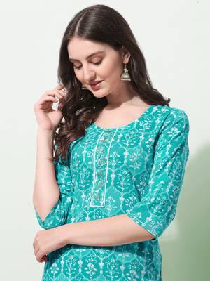 Turquoise White Floral Print Thread Work Cotton Kurta 6