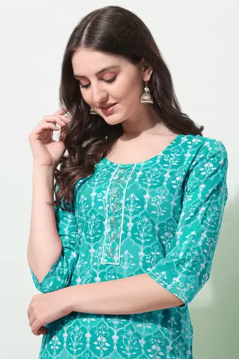 Turquoise White Floral Print Thread Work Cotton Kurta