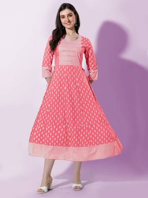 Coral Block Print Mirror Work Rayon Kurta 1