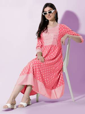 Coral Block Print Mirror Work Rayon Kurta 2