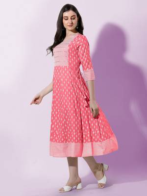 Coral Block Print Mirror Work Rayon Kurta 3