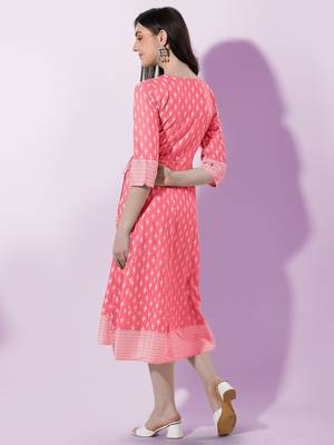 Coral Block Print Mirror Work Rayon Kurta 4