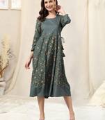 Grey Foil Print Mirrar Work Rayon Kurta