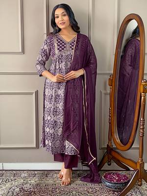 Wine Printed and Embroidered Rayon Kurta Pant Dupatta Set 1