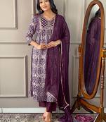 Wine Printed and Embroidered Rayon Kurta Pant Dupatta Set