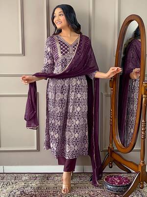 Wine Printed and Embroidered Rayon Kurta Pant Dupatta Set 2