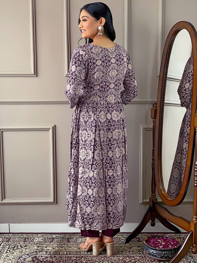 Wine Printed and Embroidered Rayon Kurta Pant Dupatta Set
