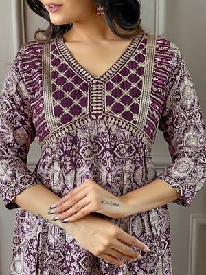 Wine Printed and Embroidered Rayon Kurta Pant Dupatta Set 4
