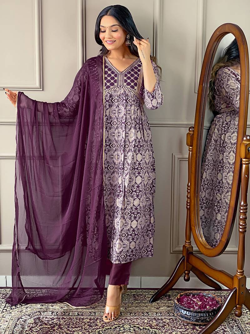 Wine Printed and Embroidered Rayon Kurta Pant Dupatta Set