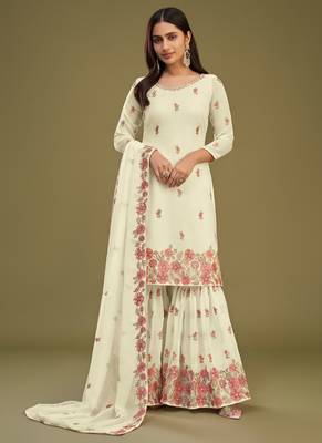 Lemon yellow georgette embroidery designer sharara suit 1