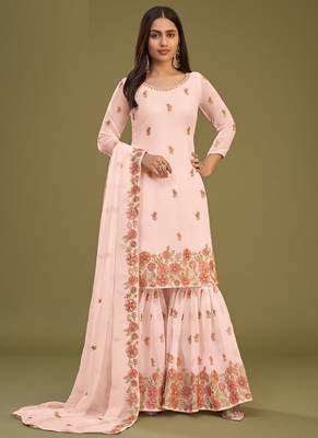 Peach georgette embroidery designer sharara suit 1