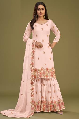 Peach georgette embroidery designer sharara suit