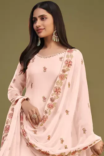 Peach georgette embroidery designer sharara suit