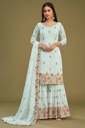 Firozi georgette embroidery designer sharara suit