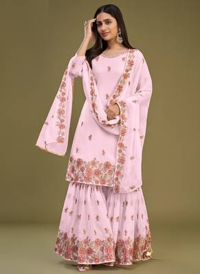 Pink georgette embroidery designer sharara suit 1