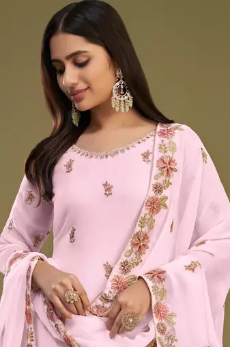 Pink georgette embroidery designer sharara suit