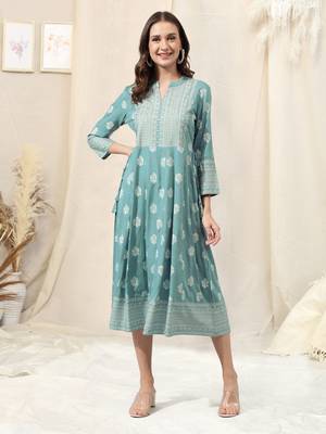 Sky Blue White Foil Print Mirrar Work Rayon Kurta 1