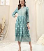 Sky Blue White Foil Print Mirrar Work Rayon Kurta