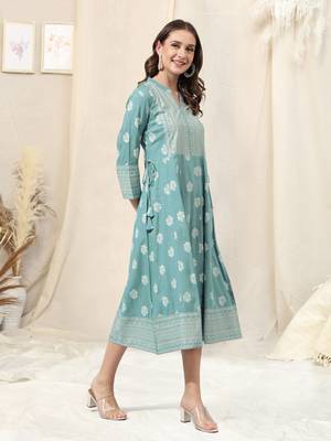 Sky Blue White Foil Print Mirrar Work Rayon Kurta 2