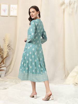 Sky Blue White Foil Print Mirrar Work Rayon Kurta 3