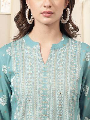 Sky Blue White Foil Print Mirrar Work Rayon Kurta 4