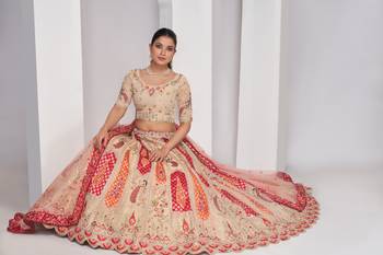 luxurious silk beautiful peacock embroidery in Flamingo Pink colours  bridal lehenga. 1